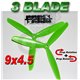 3 Blade Propeller 9x4.5 GREEN - 1 Pair  1 x normal & 1 x Counter Rotate