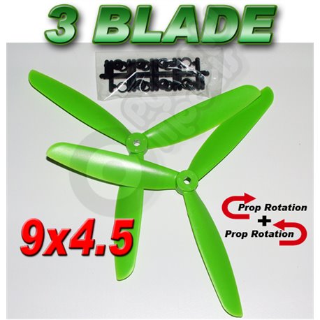 3 Blade Propeller 9x4.5 GREEN - 1 Pair  1 x normal & 1 x Counter Rotate
