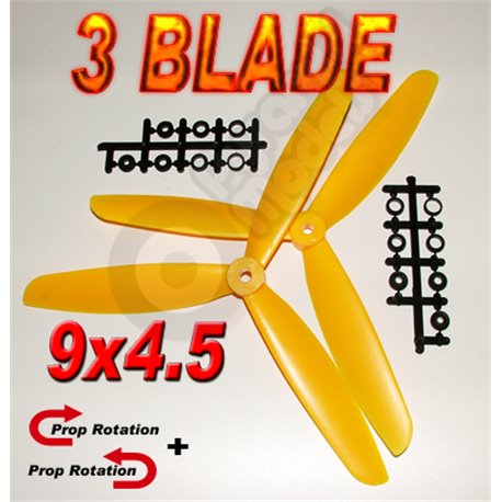 3 Blade Propeller 9x4.5 YELLOW - 1 Pair  1 x normal & 1 x Counter Rotate
