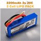 2x Turnigy 2200mAh 2S 20C -30C BURST LiPo Pack - LiPo battery with XT60 Plugs